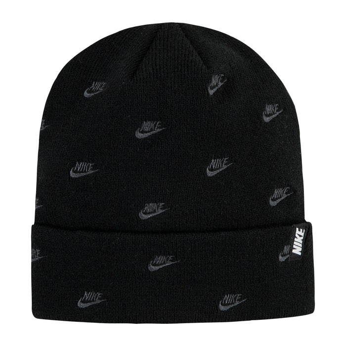 Black knit beanie with repeating Nike logos and folded cuff