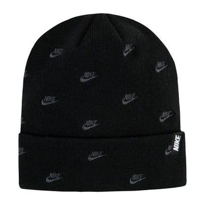 Black knit beanie with repeating Nike logos and folded cuff