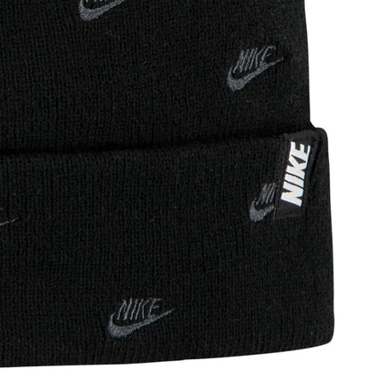 Black beanie cuff with woven Nike patch label and repeating Nike logos