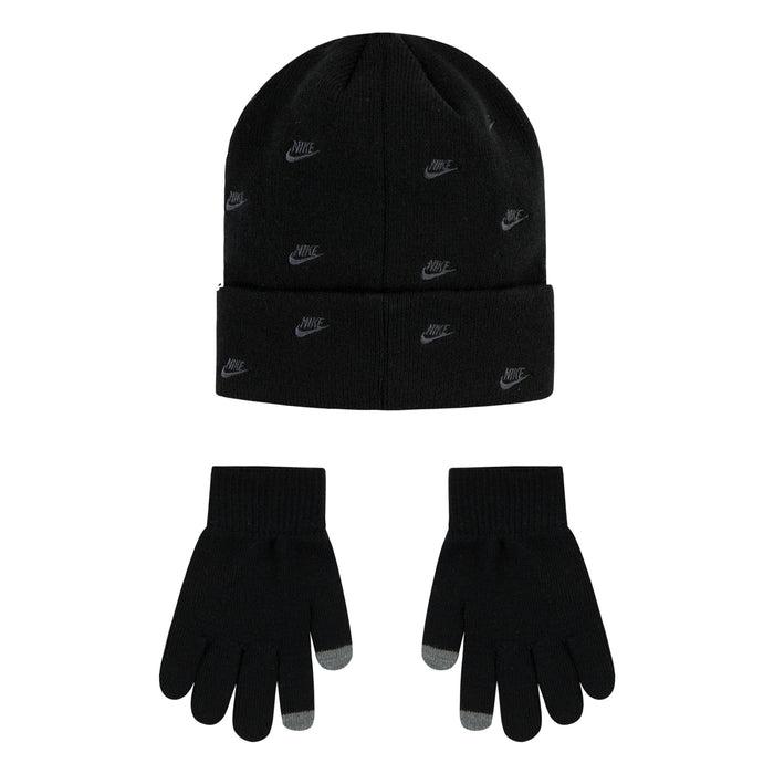 Black beanie and gloves set, repeating Nike logos on knit fabric