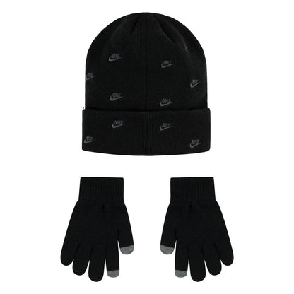 Black beanie and gloves set, repeating Nike logos on knit fabric