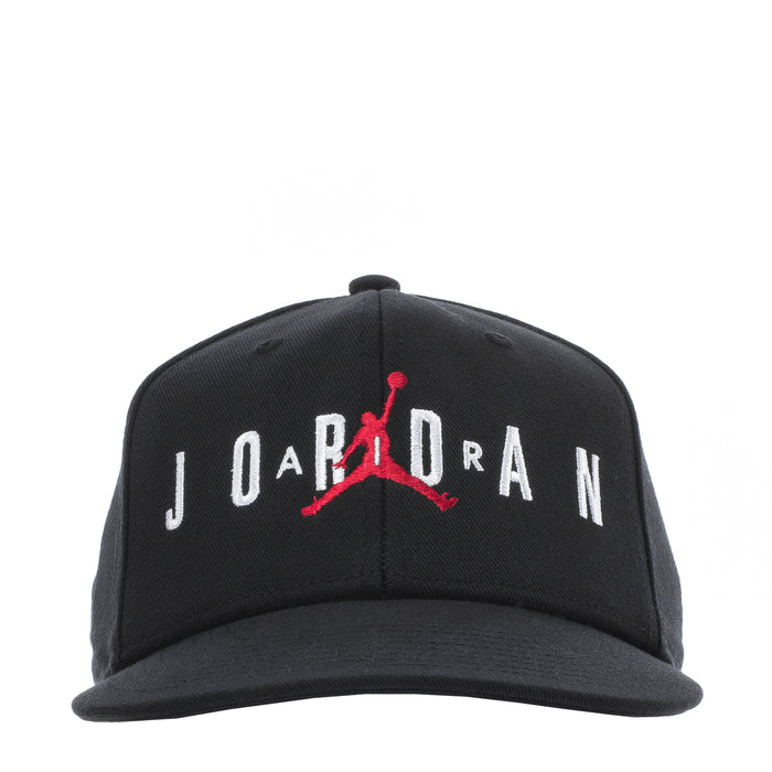 Youth black snapback cap with embroidered Jordan logo and red accents