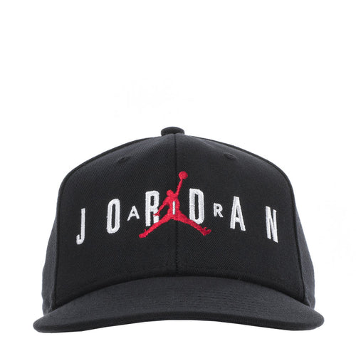 Youth black snapback cap with embroidered Jordan logo and red accents