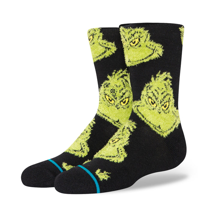 Youth crew socks, black with neon green character faces and blue cuff stripe