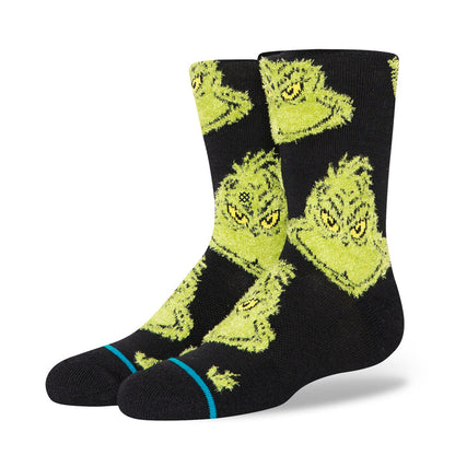 Youth crew socks, black with neon green character faces and blue cuff stripe