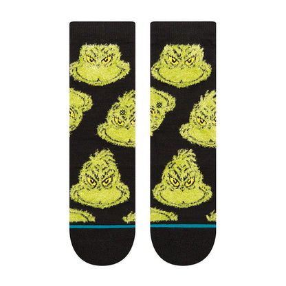 Youth crew socks set, black with neon green character face pattern, blue cuff accents