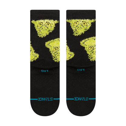 Youth crew socks, black with neon green character print and blue toe stripe