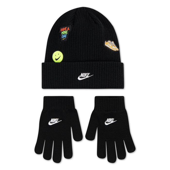 Black youth beanie and gloves set with smile patch and Nike logos