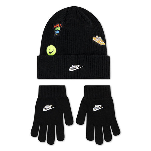 Black youth beanie and gloves set with smile patch and Nike logos