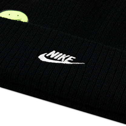 Black knit youth beanie with white Nike logo patch on cuff