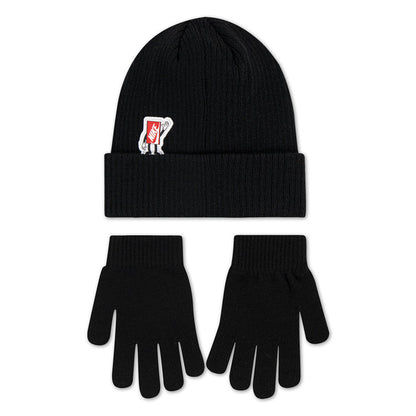 Black youth beanie with red-and-white patch and matching black knit gloves