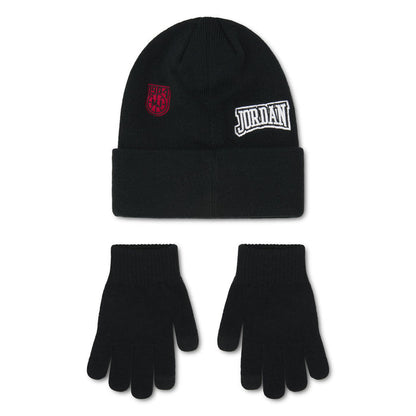 Black beanie with crest and Jordan patch; plain black youth gloves