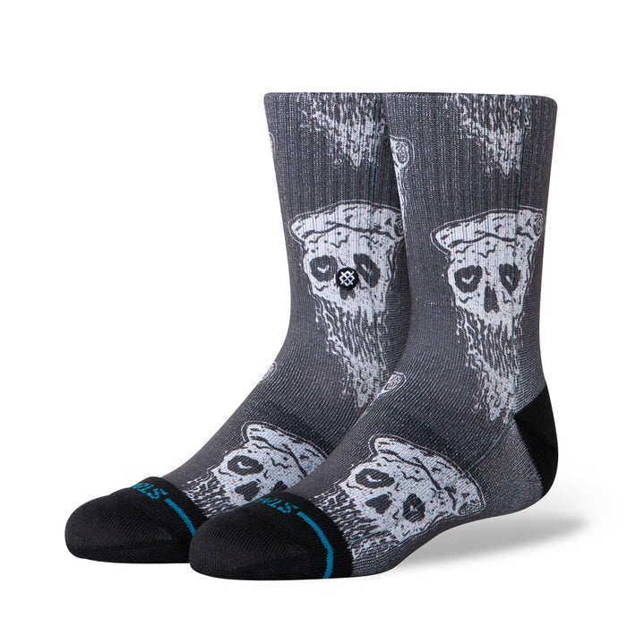 Youth crew socks, black with white pizza-face skull graphics and blue stripe cuff