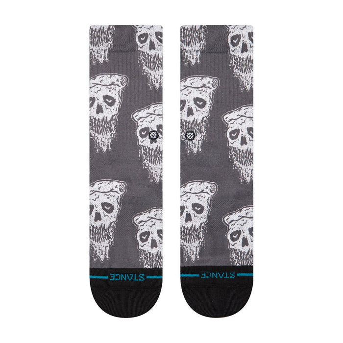 Youth crew socks with repeating white pizza-skull faces, blue heel stripe