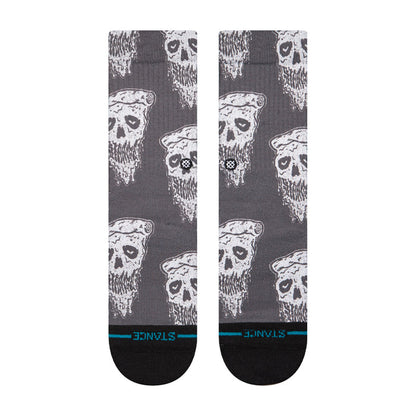 Youth crew socks with repeating white pizza-skull faces, blue heel stripe