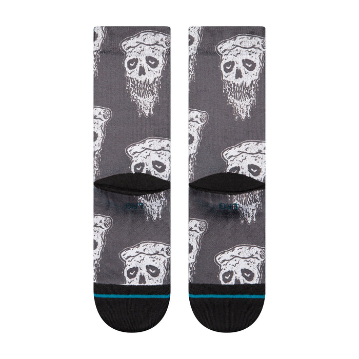 Youth crew socks, white pizza-skull pattern on dark base with blue band at cuffs