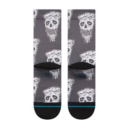 Youth crew socks, white pizza-skull pattern on dark base with blue band at cuffs