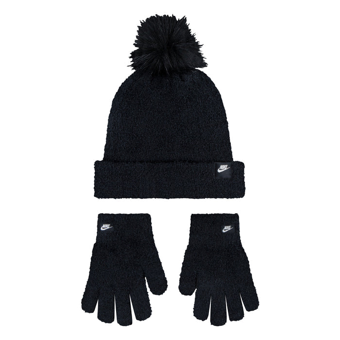 Black plush pom beanie with matching gloves set, Nike logo