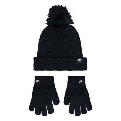 Black plush pom beanie with matching gloves set, Nike logo