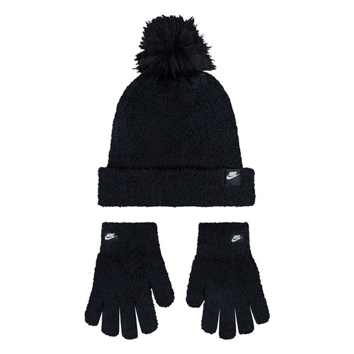 Black plush pom beanie with matching gloves set, Nike logo
