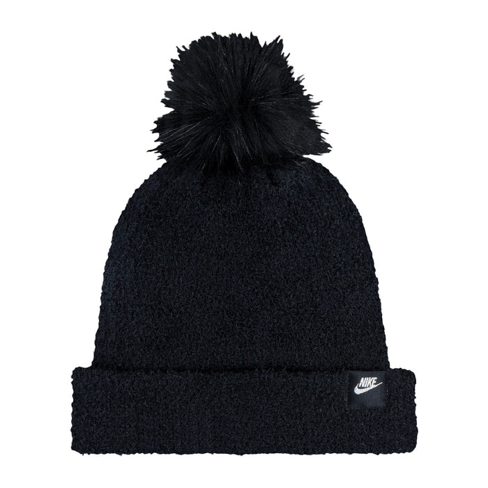 Black plush pom beanie with Nike logo patch on cuff