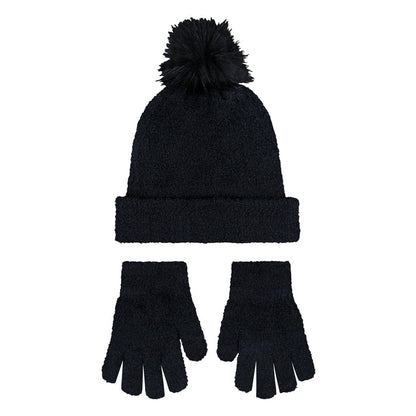 Black pom beanie and plush gloves set with Nike branding on cuff